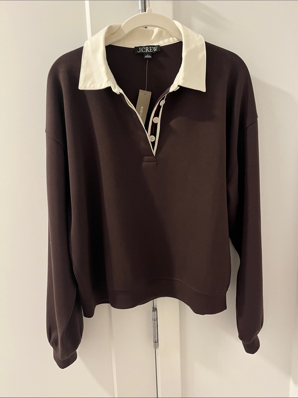 NWT J.Crew Scuba-Knit Rugby Sweatshirt Velvet Trim Burnt Chocolate S